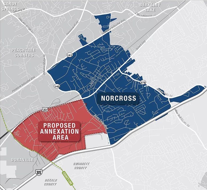 빨간 부분이 현재 노크로스시 행정구역, 파란 부분이 편입 대상 지역. [출처=노크로스시]