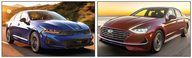 카버즈의 ‘2020 올해의 차’에 선정된 기아차 K5와 현대차 쏘나타 하이브리드. [KMA, HMA 제공]
