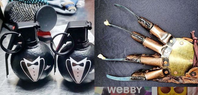 교통안전청(TSA)이 공개한 황당 물품인 턱시도 수류탄(왼쪽)과 면도날 장갑. [TSA 제공]