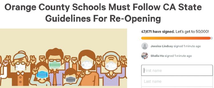 'OC 학교는 가주 지침을 따라야 한다'는 내용의 온라인 청원. ［체인지닷오그 웹사이트 캡처］   
