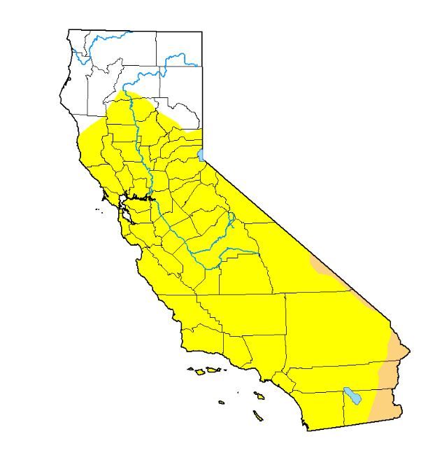 19일 현재 미국 국립기상대의 가주지역 습도모니터링 현황. 약 81%의 지역(노란색)이 비정상적인 건조상태를 보이고 있다.
