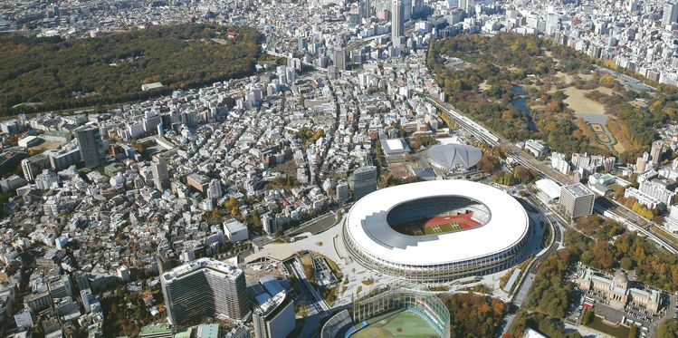 2020년 도쿄올림픽·패럴림픽 메인스타디움으로 사용될 새로운 경기장의 모습.작은 사진은 도쿄올림픽 마스코트 미라이토와. [연합뉴스] 