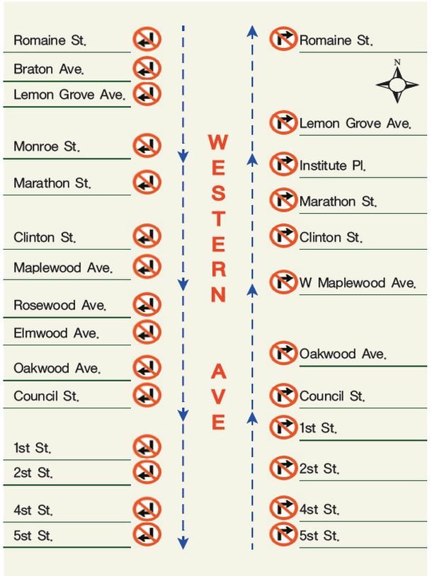 LA한인타운을 포함한 웨스턴 길 양방향에는 26개의 '심야 우회전 금지' 표지판이 붙어 있다.  [그래픽=김정근 기자]