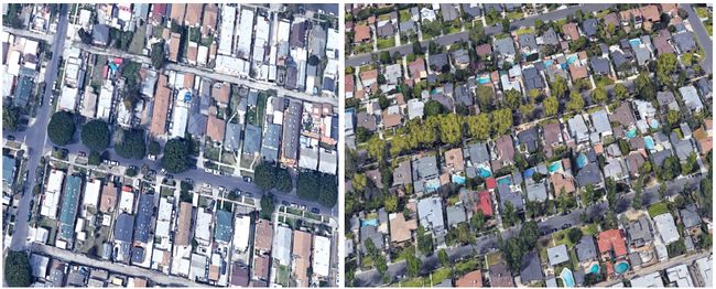 구글 어스에서 바라본 사우스 LA(좌)와 셔먼오크스(우) 주택가 수영장 모습. [출처:구글 어스]