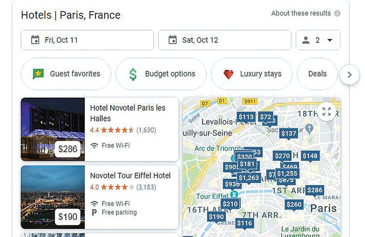 구글로 파리 호텔들을 검색하니 파리 전 지역의 호텔이 가격별로 나타나면서 호텔은 물론 주변 관광명소까지 상세히 소개해주고 있다.