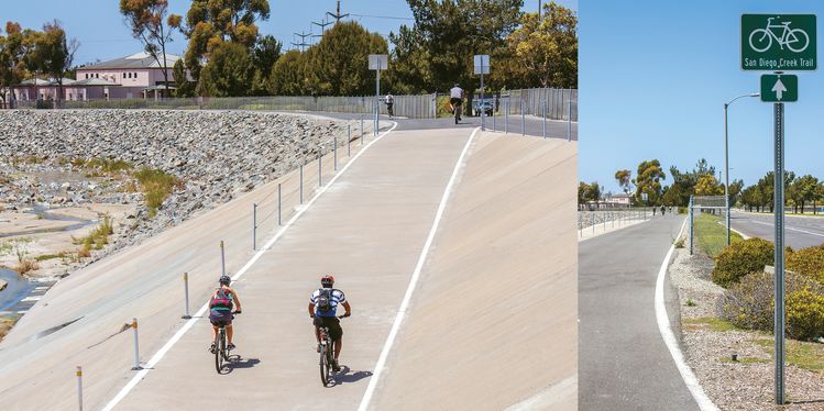 어바인의 대표적인 자전거 전용 트레일인 샌디에이고 크릭 트레일. 30여곳에 마련된 진입로를 통해 쉽게 이용할 수 있다(오른쪽). 박낙희 기자