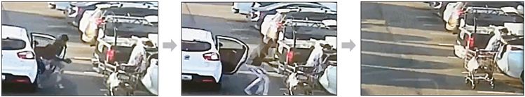최근 한인마켓 주차장에서 짐을 정리하는 여성 고객을 타겟으로 한 남성이(왼쪽) 차에서 내려 카트에 있던 가방을 훔쳐 재빠르게 달아났다.(가운데) 하지만 피해 여성은 이 사실을 모른 채 계속 트렁크에 짐을 싣고 있다. [제보영상]