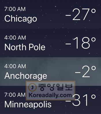 31일 오전 7시 현재 시카고, 북극, 알래스카 앵커리지, 미네소타 주 미니애폴리스 지역 기온