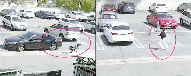 지난주 밸리의 한 한인마켓 주차장에서 두 여성이 강도를 당하는 사건이 발생했다. 강도가 여성의 가방을 낚아채 일행의 차량으로 옮겨타는 모습(왼쪽), 피해 여성이 강도를 쫓아가는 모습(오른쪽).