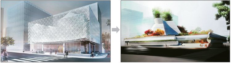아파트+박물관 형태의 한미박물관 2차 디자인(왼쪽)과 7일 공개된 최종 설계안(오른쪽). [한미박물관 제공]
