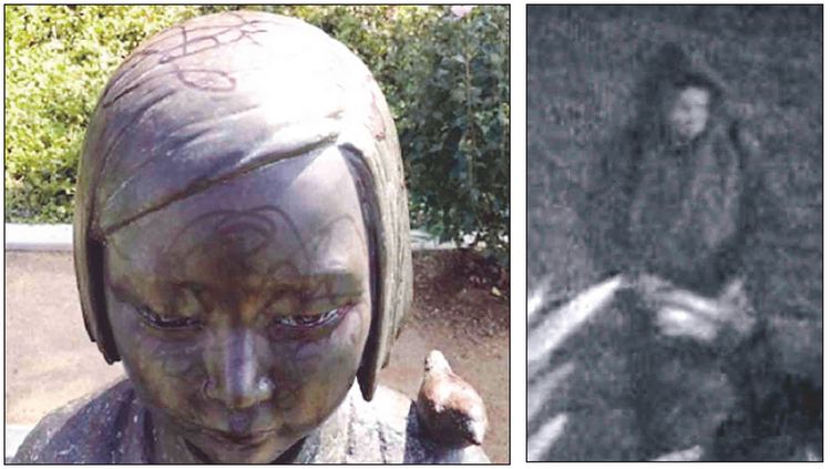 낙서로 훼손된 글렌데일 소녀상 얼굴과 머리. 오른쪽은 CCTV에 녹화된 용의자 모습. [사진=글렌데일 경찰국 제공]