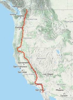 멕시코 국경부터 캐나다 국경까지 2300마일 퍼시픽 크레스트 트레일 코스 지도.