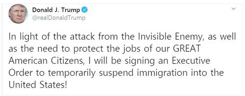 미국으로의 이민을 일시 중단하겠다는 내용을 담은 트럼프 대통령의 트윗 내용. [사진 트위터 캡처] 
