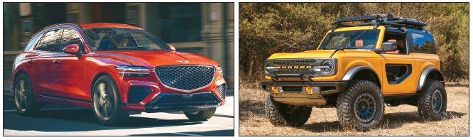 올해 가장 주목받을 SUV 모델로 손꼽힌 제네시스 GV70(왼쪽)과 포드 브롱코. [각 업체 제공]