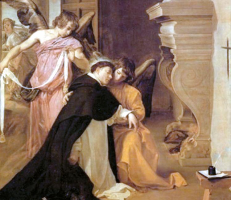 디에고 벨라스케즈가 1631년경 그린 '성 토마스 아퀴나스의 유혹'. 탁발수도회인 도미니크 수도회의 사제가 되려는 토마스를 여인을 통하여 유혹하여 묶어두려 한 가족의 실패한 시도를 그리고 있다. [위키피디아]