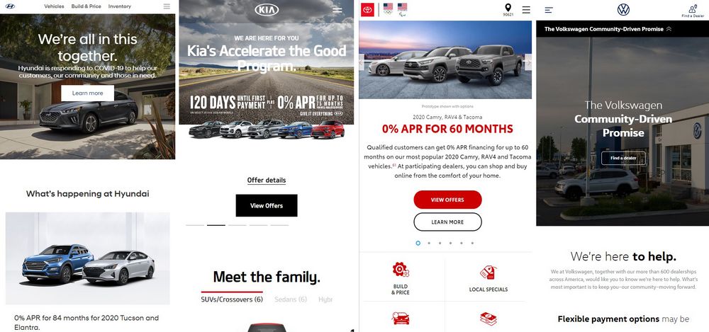 각 자동차업체들이 웹사이트를 통해 펼치고 있는 코로나 특별 프로모션들.