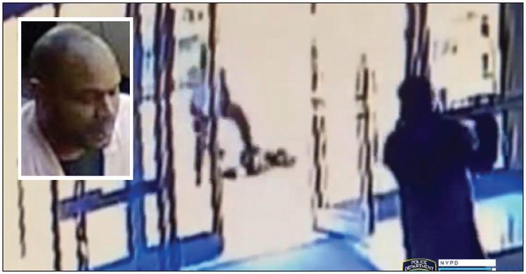 NYPD가 공개한 동영상에 따르면 흑인 용의자(가운데)가 아시안 여성을 발로 밟는 등 폭행하는 순간에도 건물 경비원(오른쪽)은 제지하지 않고 바라보고만 있다. 작은 사진은 용의자 얼굴. [NYPD 동영상 캡처]