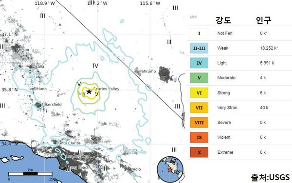 4일 USGS가 남가주 지역 지진 흔들림 강도를 표현한 지도. [USGS 제공]