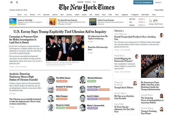 유료 독자가 급증하면서 이미 470만명을 돌파한 뉴욕타임스 온라인판 초기 화면. [NYT 캡처] 