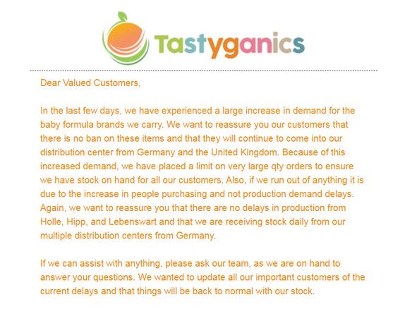 독일 분유 직구업체 '테이스티가닉스'가 고객들에게 발송한 이메일. 최근 분유 주문량이 급증했으며 지나친 대량 구매는 제한하겠다는 내용이다.