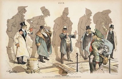 1893년 '퍼크'라는 잡지에 실린 삽화. 가난한 신참 이민자를 거부하는 내용을 표현했다.
