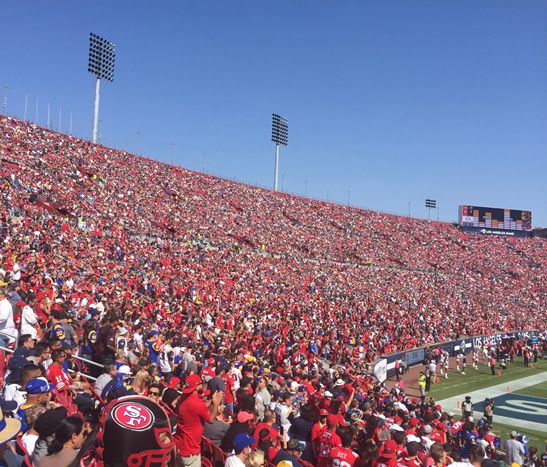 A view of the fans during the Los Angeles Rams vs San Francisco game this year in Los Angeles on October 13th. There is a “sea of red” in the stands showing the majority of the fans being 49ers fans despite the game taking place in Los Angeles.