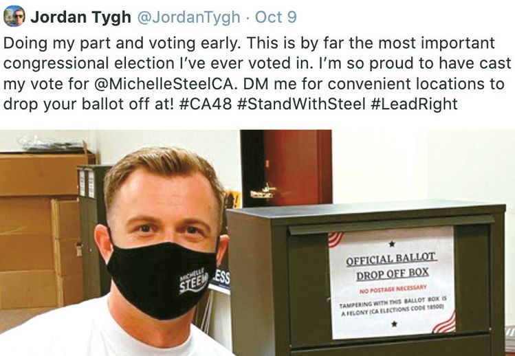 가짜 우편 투표지 수거함이 3개 카운티에서 발견됐다. 위 사진은 조던 타이 가주 공화당 필드 디렉터 트위터의 우편투표 인증샷에 등장한 가짜 수거함. [조던 타이 트위터 캡처].