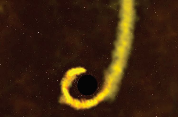 블랙홀에 별이 빨려들어갈 때 별은 조석력의 차이에 의해 국수가락처럼 길게 늘어지며 빨려들어가게 된다. 테스를 이용해 포착한 장면. [미국항공우주국 유튜브 캡처] 