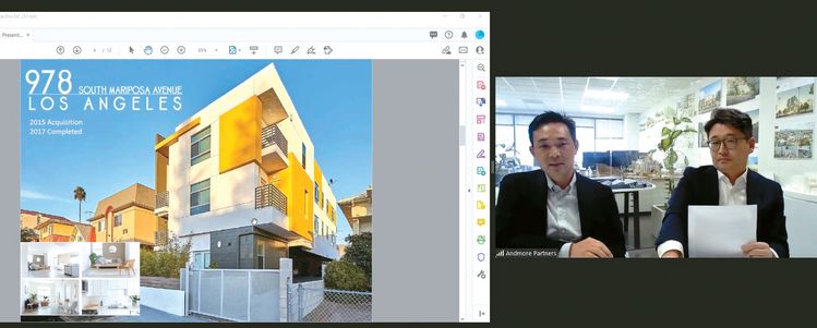 5일 LA 총영사관 창업 웨비나에서 강사로 나선 앤드모어파트너스의 해기 강(왼쪽)·션 모 공동 대표가 LA에서 아파트 개발에 대해 강연하고 있다. [LA 총영사관 제공]
