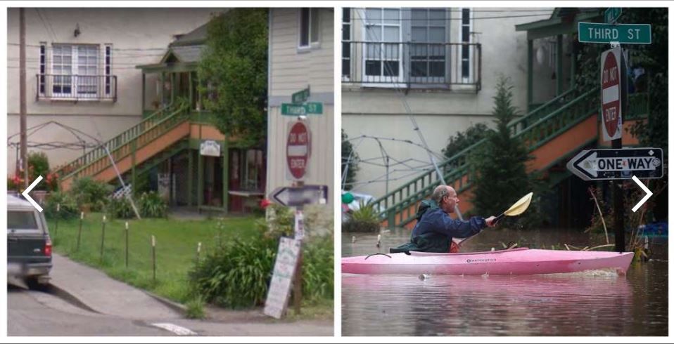 26일부터 27일까지 내린 폭우로 소노마카운티 러시안 강물이 범람해 인근지역 중 한 곳인 거너빌 시 3가거리가 물에 잠겨 한 주민이 개인카누를 이용해 대피하고 있다. (사진왼쪽) 2016년 찍은 평소모습 