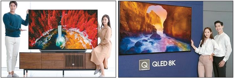 컨수머리포트 평가에서 최고점을 받은 LG전자 올레드TV(왼쪽사진)와 삼성전자 QLED TV.