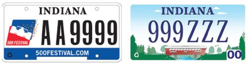 세계적으로 유명한 자동차 경주대회 '인디 500'을 새긴 주문형 번호판(왼쪽)과 표준형. [인디애나주 차량국]