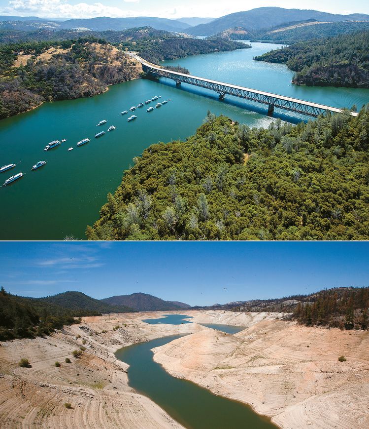 캘리포니아의 기록적인 가뭄이 계속되고 있는 가운데 거의 바닥을 드러낸 오로빌호수(사진 아래)와 2019년 담수로 꽉 찬 오로빌 호수. [로이터, 가주 수자원국]