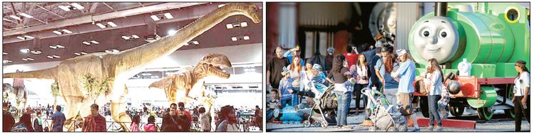 실물 크기의 공룡 80여 종이 전시되는 쥐라기 공룡 탐험(왼쪽)과 인기 캐릭터. '토머스와 친구들'에 직접 탑승할 수 있는 토머스 기차투어. [각 행사 웹사이트 캡처]