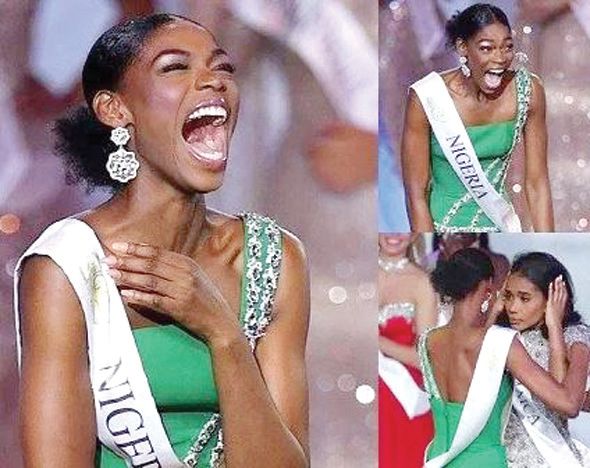 14일 열린 미스 월드 대회에서 미스 나이지리아 네카치 더글러스가 미스 자메이카 토니 안 싱의 우승을 자신의 일처럼 기뻐하고 있다. [CNN 웹사이트]